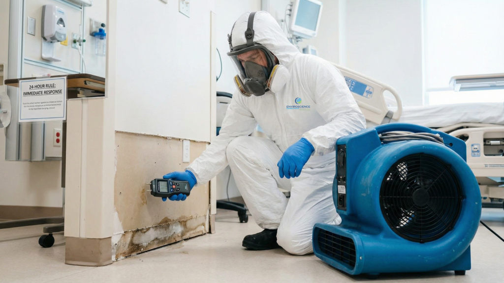 ECL mold specialist in a white hazmat suit using air blowers and a moisture reader to prevent mold growth