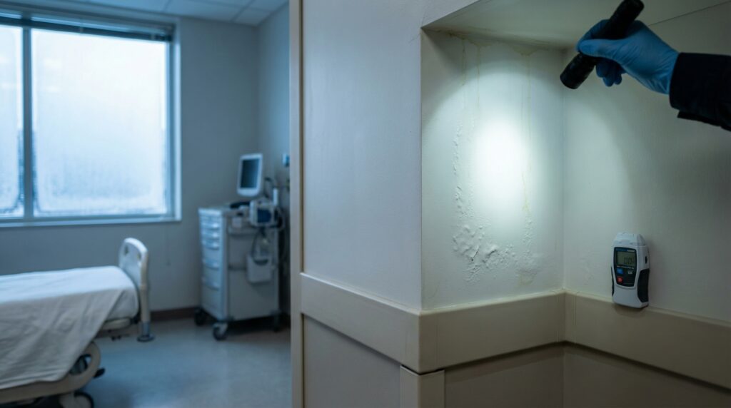 hospital wall showing moisture intrusion which leads to mold